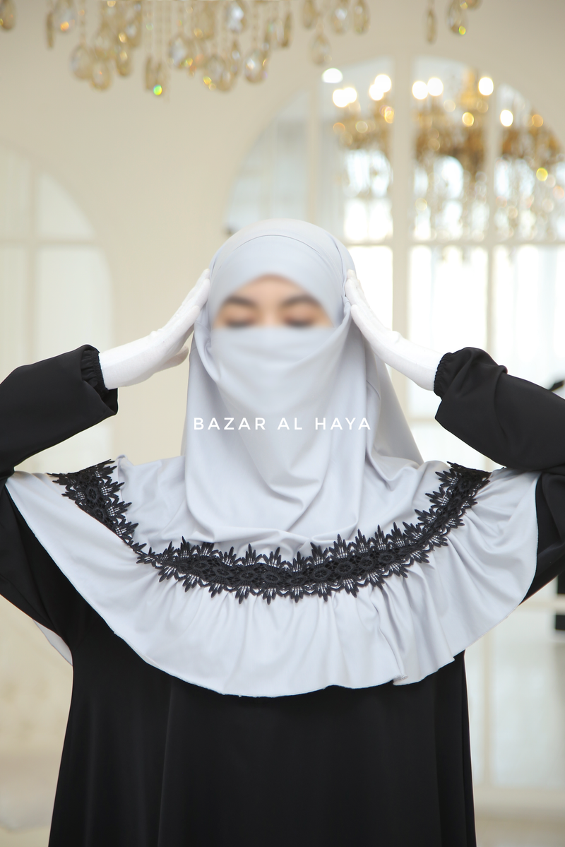 Silver Tieback Ruffle Lace Short Khimar - Soft Cotton