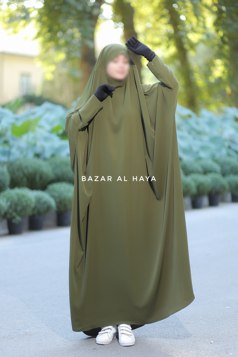 Olive Sarah One Piece Jilbab - Zipper Sleeves - Silk Crepe