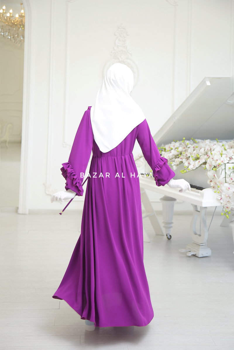 Bright Purple Afsah 3-D Ruffle Embroidery Lightweight Summer Spring Abaya Dress - Soft Breathable Crepe Cotton