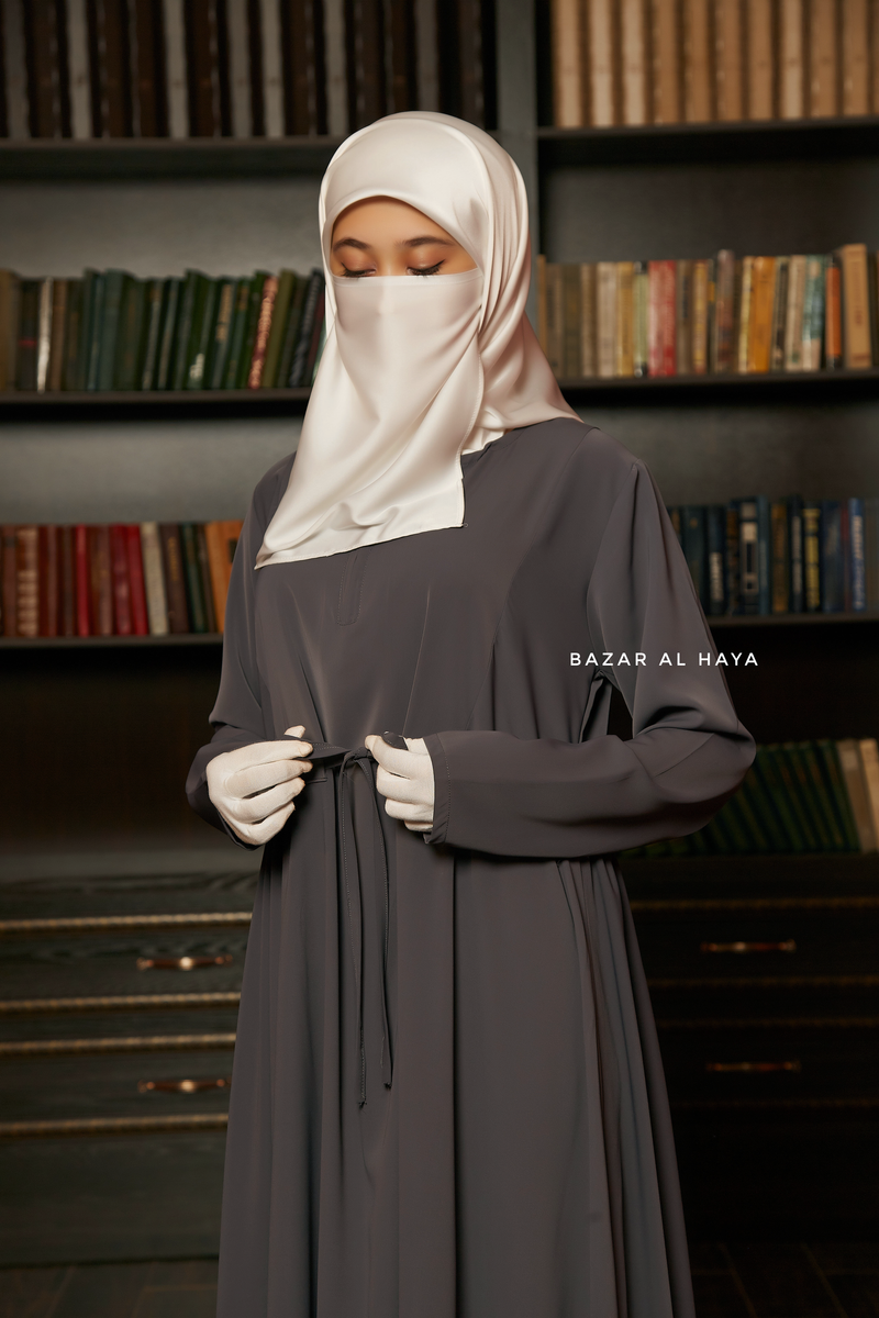 Salam 3 Steel Grey Belted Abaya Dress - Front Zipper & Zipper Sleeves - Nida