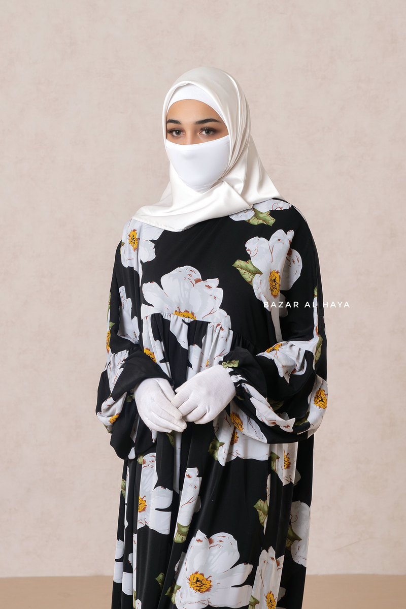 Muna Black Loose Fit Summer Abaya Dress - Viscose Cotton & Daisy Flower Print