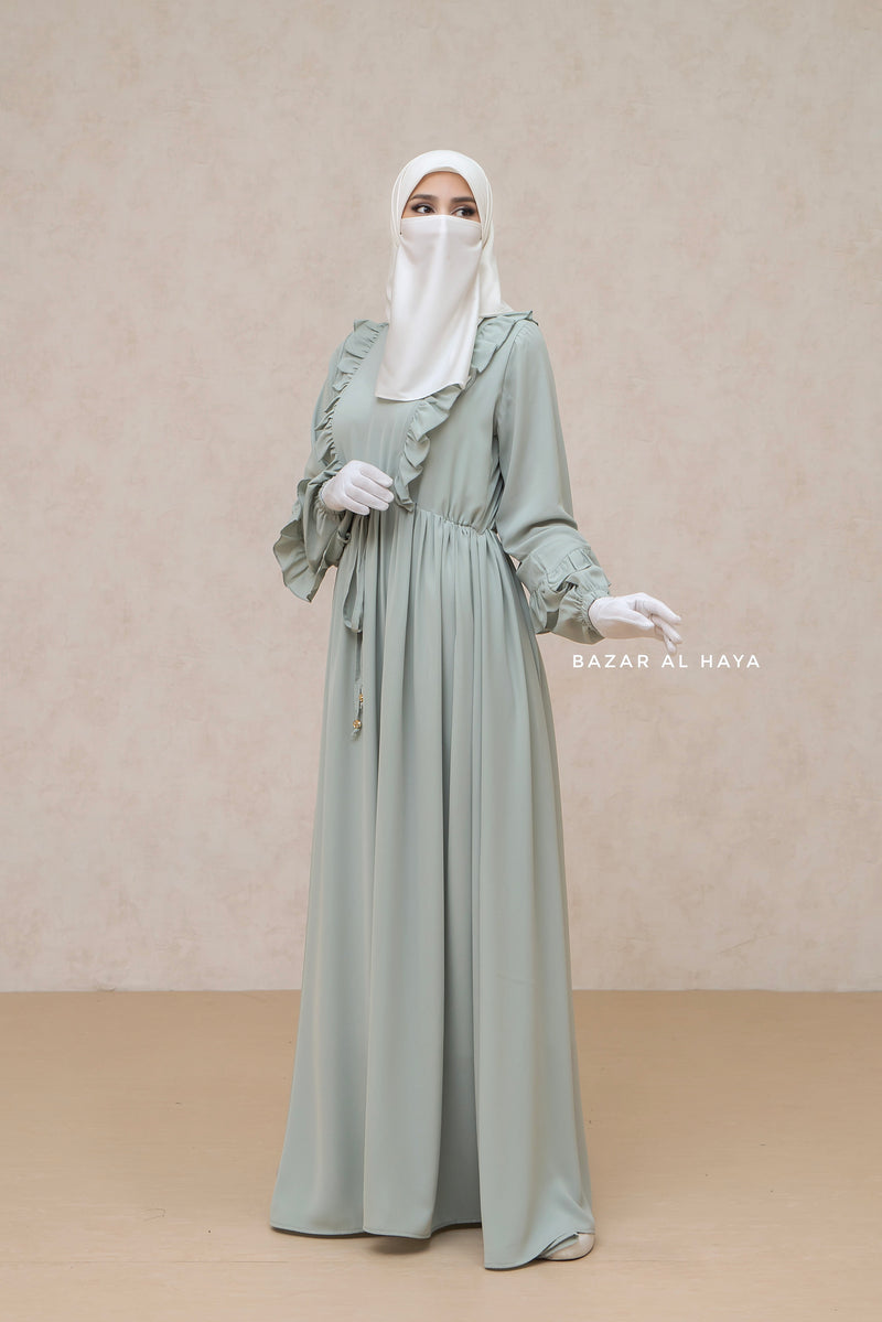 Afsah Mint Ruffle Lightweight Summer Spring Abaya Dress - Soft Breathable Crepe Cotton