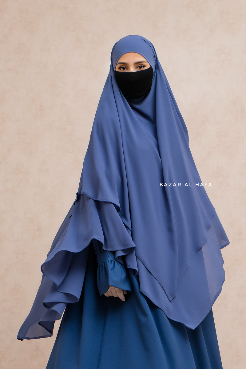 Slate Blue Pari Two Layered Maxi Diamond Khimar - Crepe Chiffon