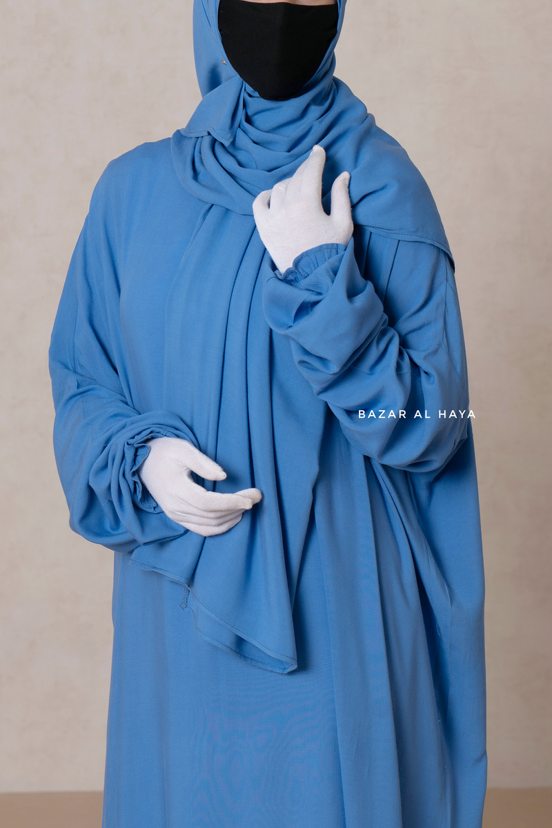 Prayer / Salah Dress One Piece Jilbab Blue 100% Cotton - Super Breathable Comfy Style