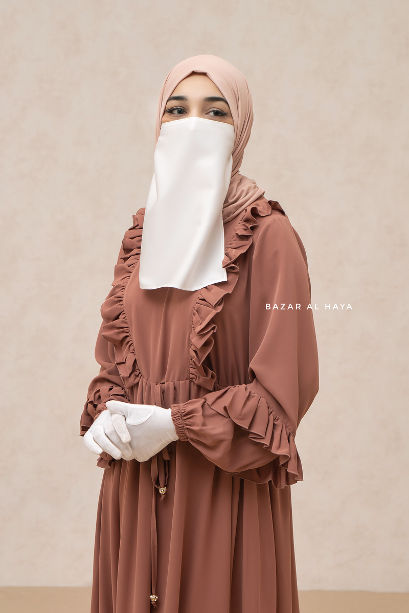 Afsah Cappuccino Ruffle Lightweight Summer Spring Abaya Dress - Soft Breathable Crepe Cotton