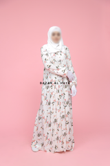 Sadia White Floral Abaya Dress 100% Cotton Summer Tiered Style With Front Zipper