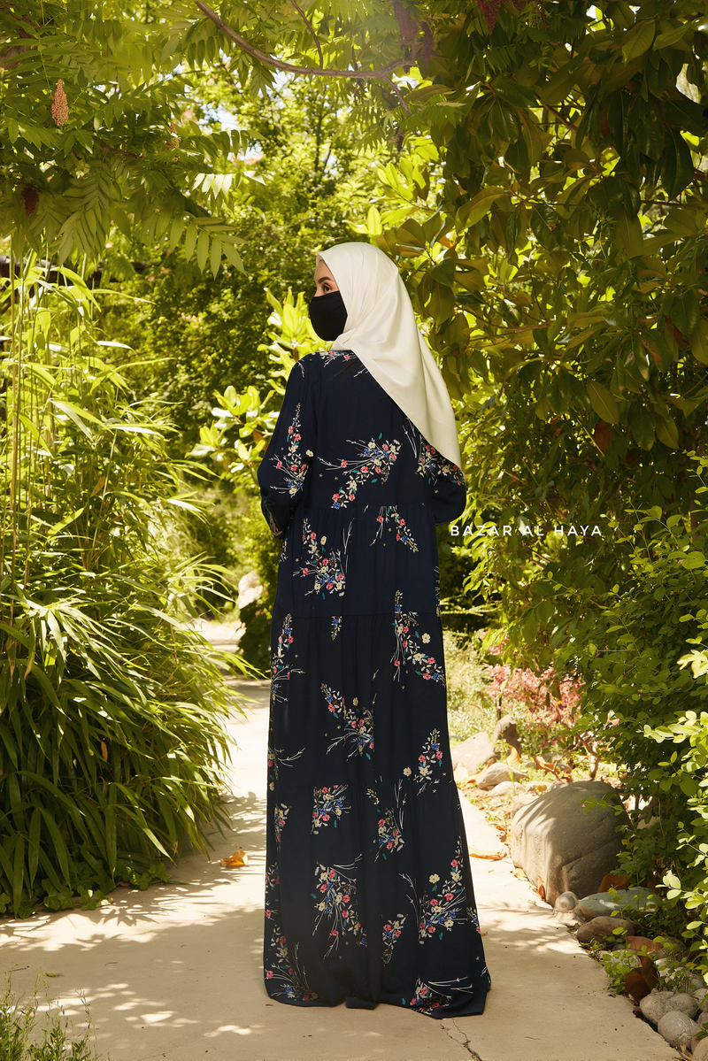 Sadia Dark Midnight Floral Dress In 100% Cotton Summer Tiered Style Abaya - Front Zipper