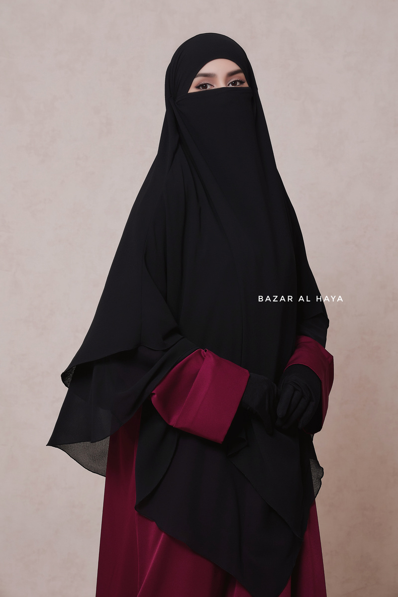 Black Pari Two Layered Maxi Diamond Khimar - Crepe Chiffon