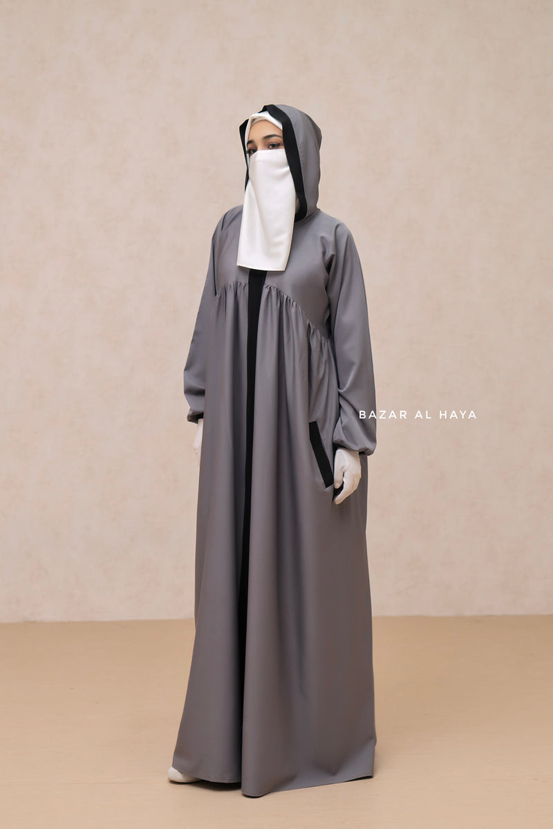 Kalina Grey Hooded Silk Crepe Abaya Dress With Pockets - Mediumweight