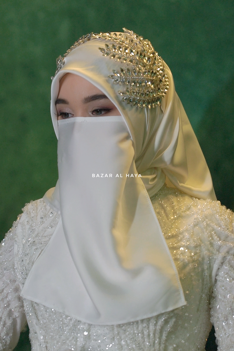 White Bridal Satin Half Niqab - Elegant & Modest Wedding Veil