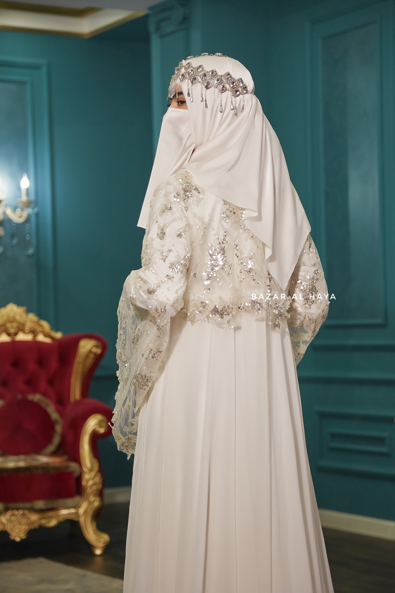 Bridal Gown Zahra Silk & Chiffon Abaya & Lace Cloak Set For Walima & Wedding & Nikkah