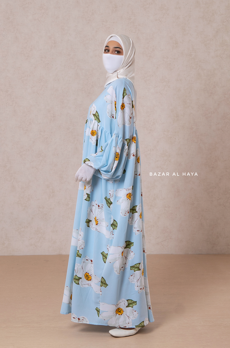 Muna Baby Blue Loose Fit Summer Abaya Dress - Viscose Cotton & Daisy Flower Print