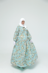 Amira Blue Flower Print Chiffon With Tie Neck Strings Abaya Dress - Puff Sleeves