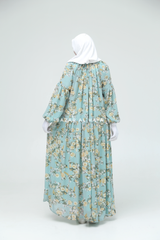 Amira Blue Flower Print Chiffon With Tie Neck Strings Abaya Dress - Puff Sleeves