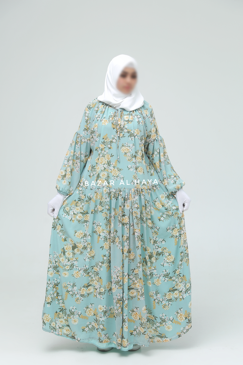 Amira Blue Flower Print Chiffon With Tie Neck Strings Abaya Dress - Puff Sleeves