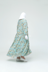 Amira Blue Flower Print Chiffon With Tie Neck Strings Abaya Dress - Puff Sleeves