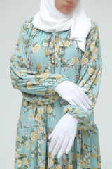 Amira Blue Flower Print Chiffon With Tie Neck Strings Abaya Dress - Puff Sleeves