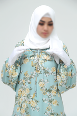 Amira Blue Flower Print Chiffon With Tie Neck Strings Abaya Dress - Puff Sleeves