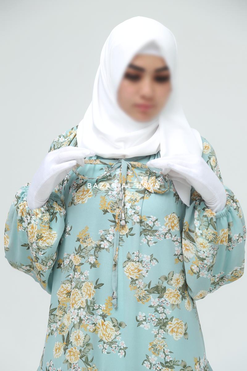 Amira Blue Flower Print Chiffon With Tie Neck Strings Abaya Dress - Puff Sleeves