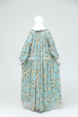 Amira Blue Flower Print Chiffon With Tie Neck Strings Abaya Dress - Puff Sleeves