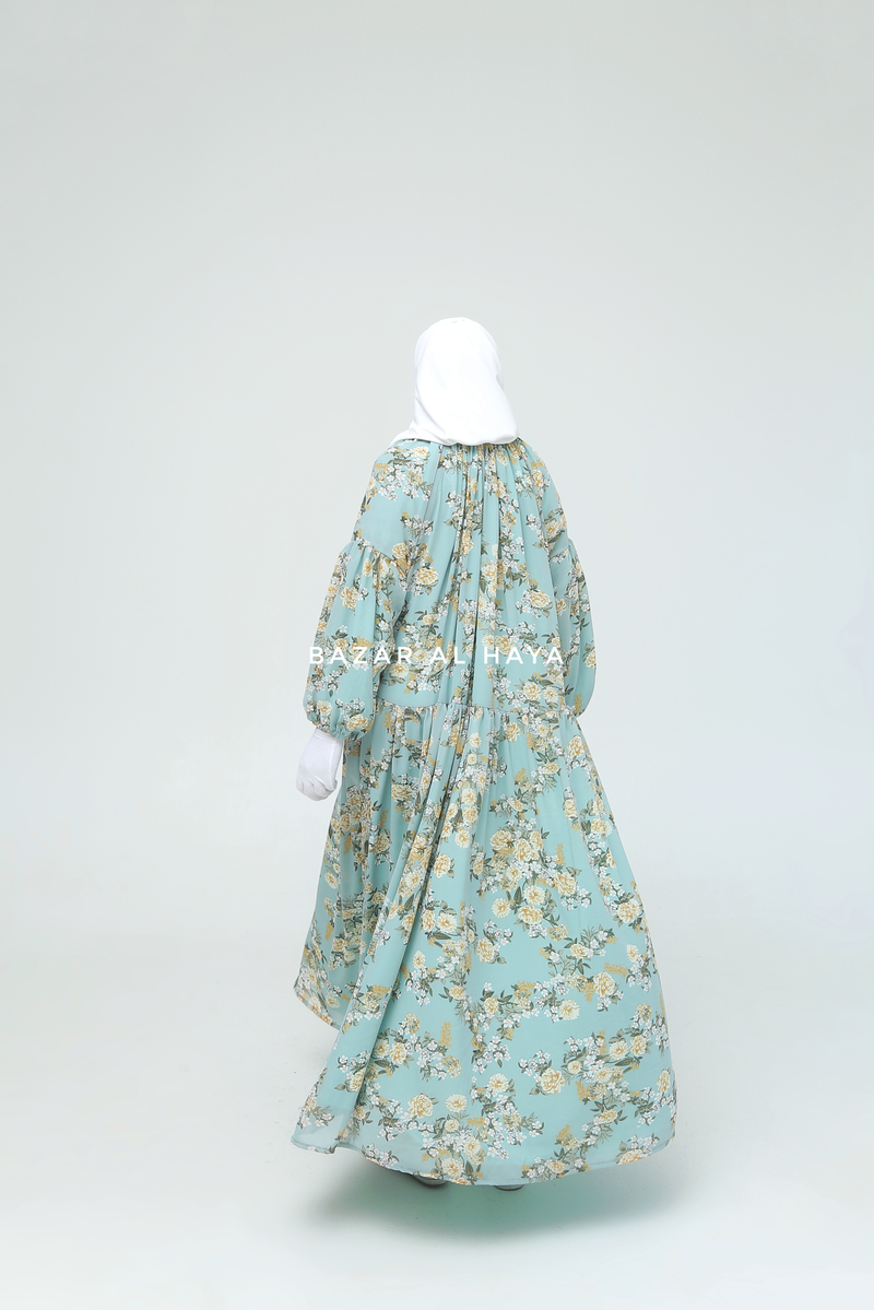 Amira Blue Flower Print Chiffon With Tie Neck Strings Abaya Dress - Puff Sleeves