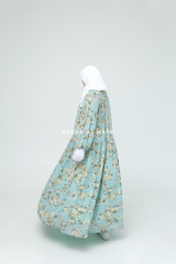 Amira Blue Flower Print Chiffon With Tie Neck Strings Abaya Dress - Puff Sleeves