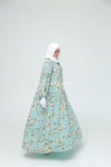 Amira Blue Flower Print Chiffon With Tie Neck Strings Abaya Dress - Puff Sleeves