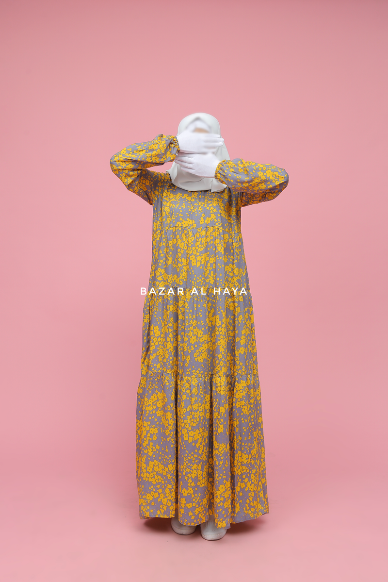 Sadia Yellow & Grey Floral Abaya Dress 100% Cotton Summer Tiered Style With Front Zipper