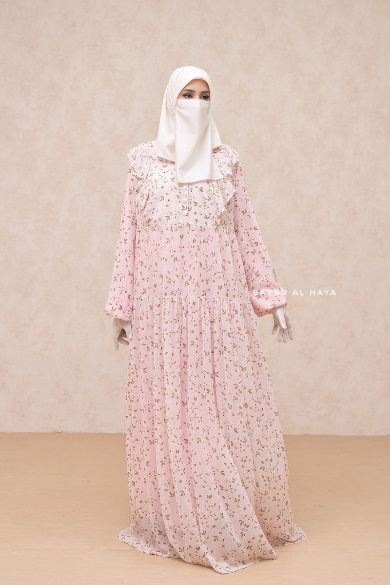 Surayya Pink Chiffon Abaya Dress With Floral Print - Ruffled Design