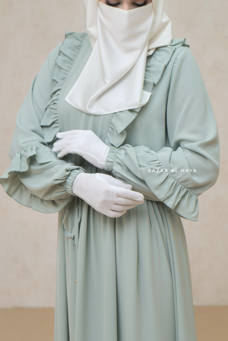 Afsah Mint Ruffle Lightweight Summer Spring Abaya Dress - Soft Breathable Crepe Cotton