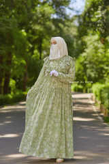 Surayya Kiwi Chiffon Abaya Dress With Floral Print - Ruffled Design