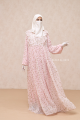 Surayya Pink Chiffon Abaya Dress With Floral Print - Ruffled Design