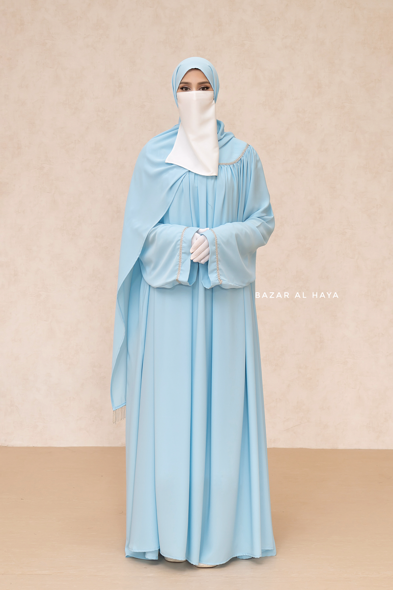 Haniya Sky Blue Abaya Gown - Elegently Wide With Unique Decor - 3 Piece