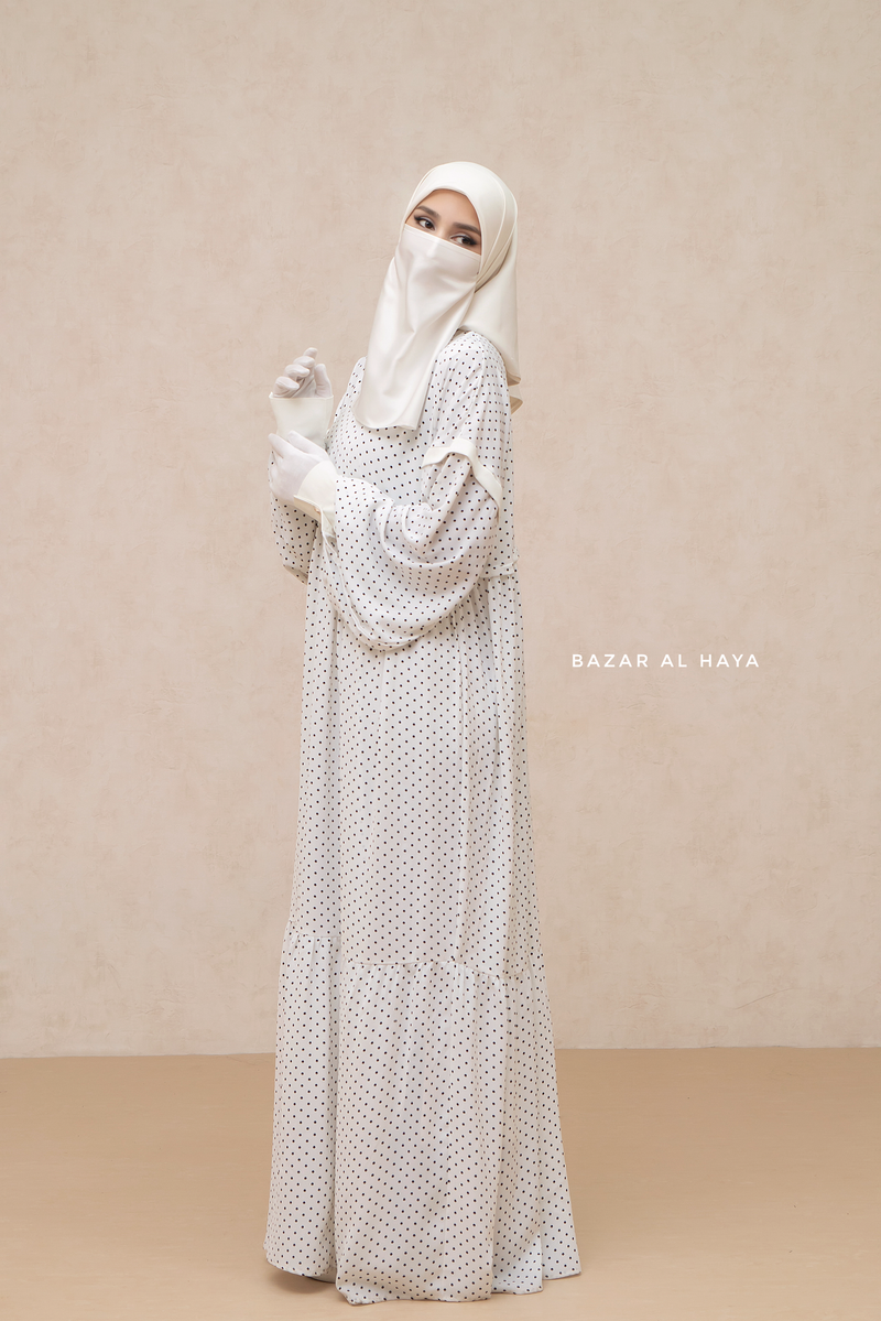 Mubina White Polka Dot Tiered Pretty Abaya Dress Loose Wide In Nidha