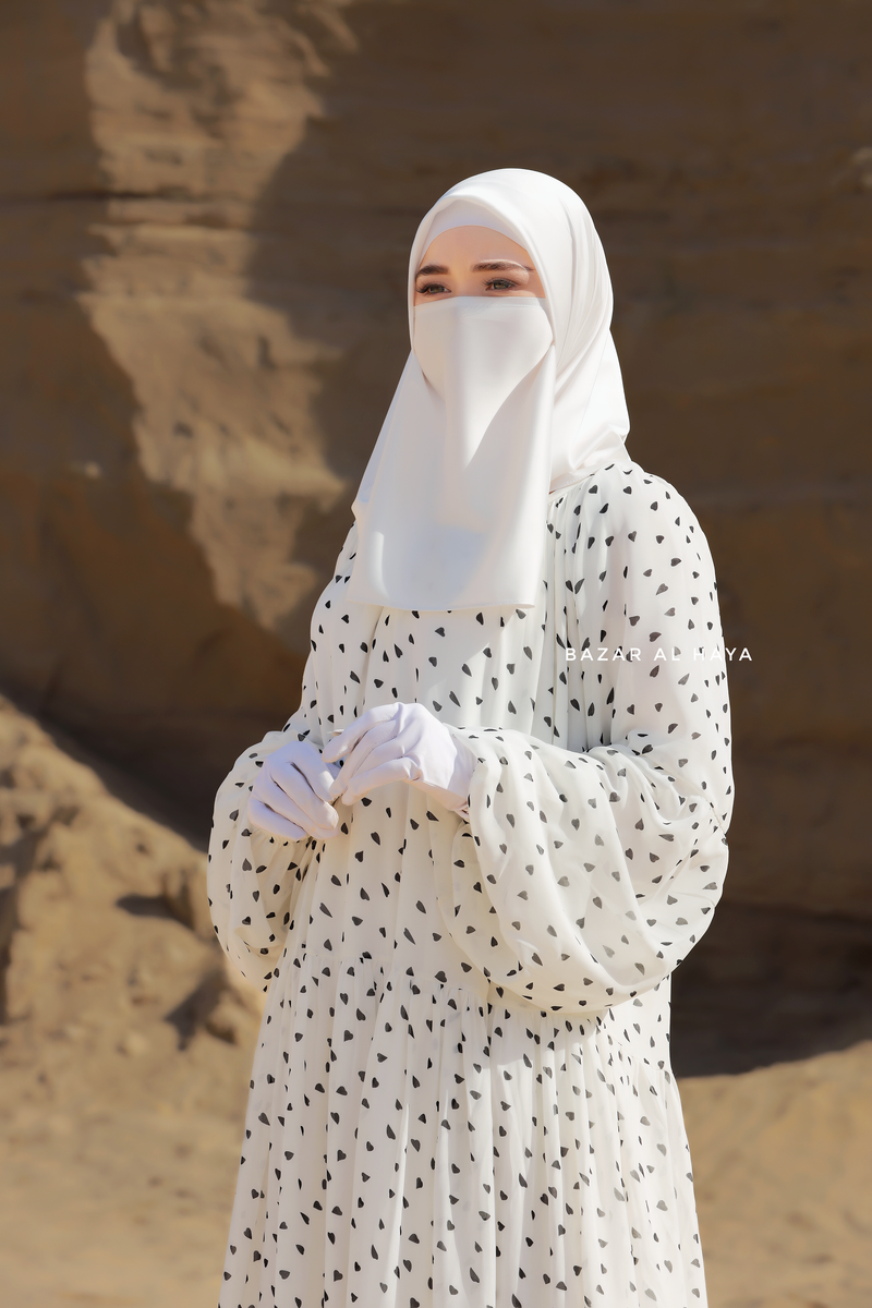 Amira White Chiffon Abaya Dress With Puff Sleeves - Double Layer