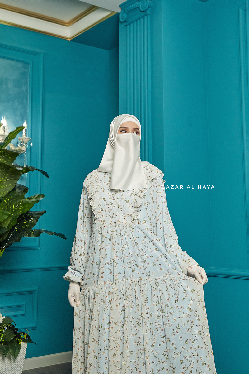 Surayya Light Blue Chiffon Abaya Dress With Floral Print - Ruffled Design