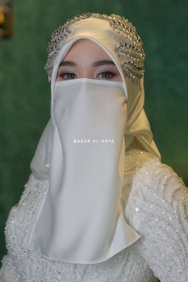 White Bridal Satin Half Niqab - Elegant & Modest Wedding Veil
