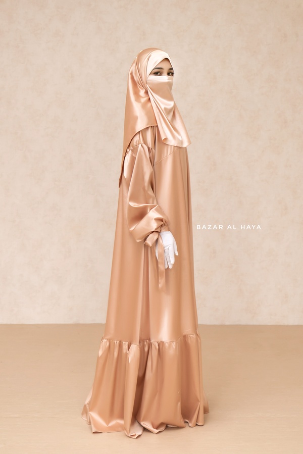 Gold Elegant Shaheen Satin Dress Scarf & Slip Dress Set - 3 Piece