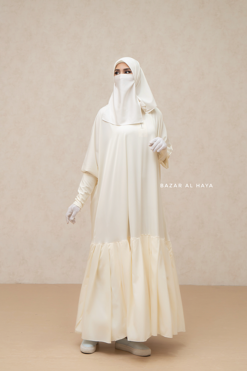 Badra Ivory Butterfly Abaya With Flair Bottom & Zipper Sleeves - Silk Crepe