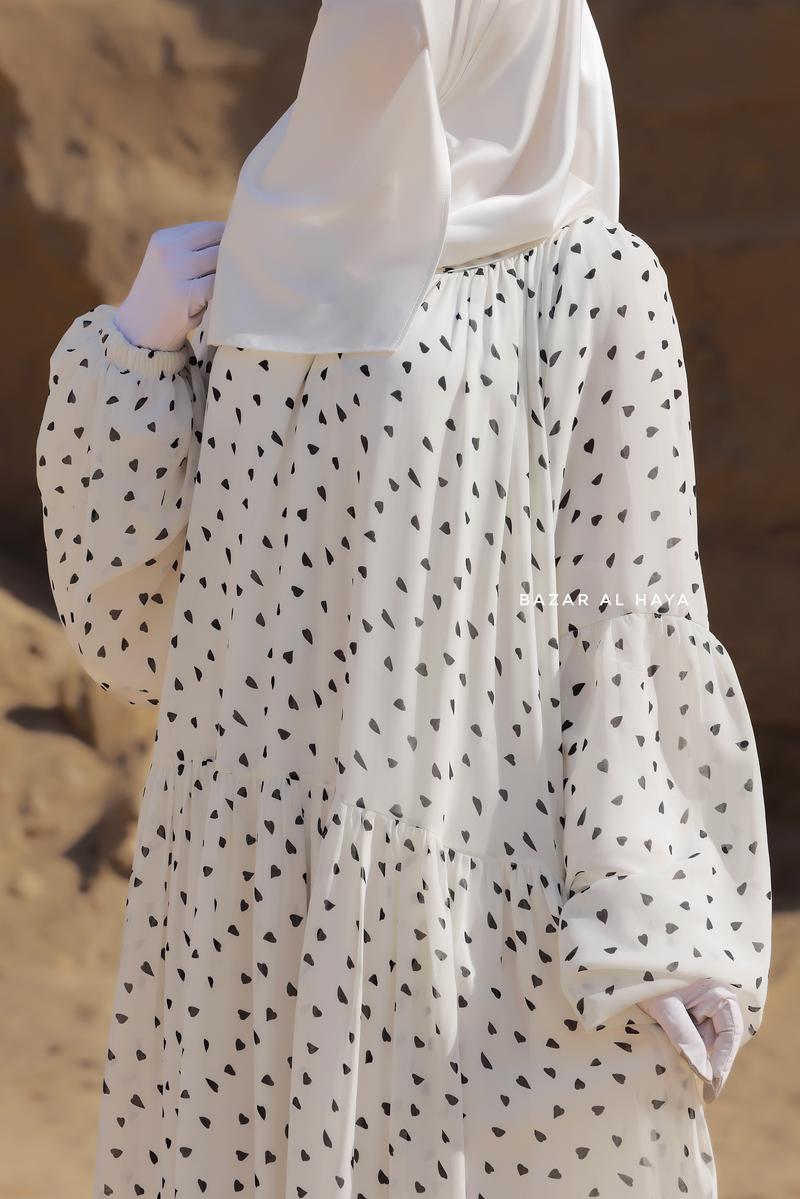 Amira White Chiffon Abaya Dress With Puff Sleeves - Double Layer