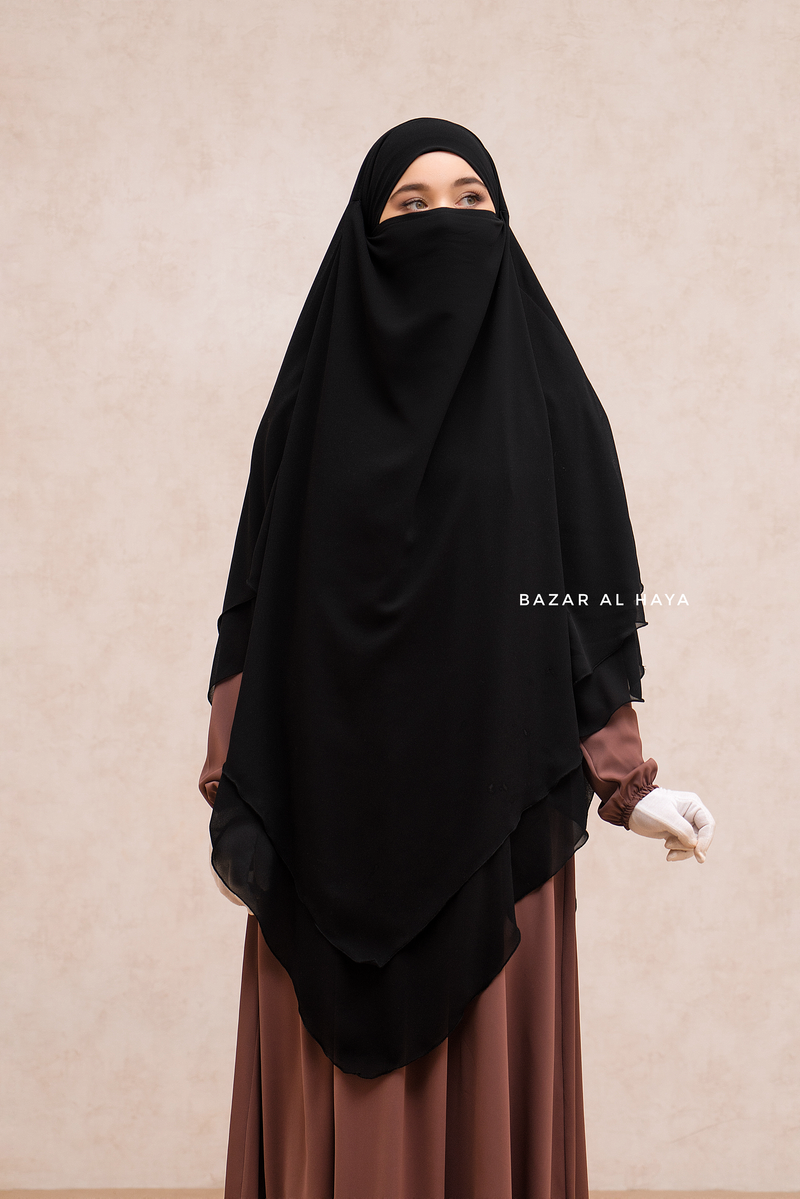 Black Pari Two Layered Diamond Khimar - Crepe Chiffon