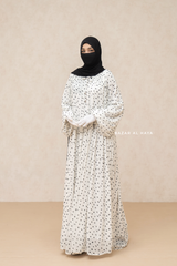 White Amira Chiffon With Tie Neck Strings Abaya Dress - Puff Sleeves