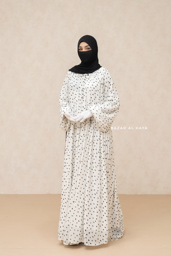 White Amira Chiffon With Tie Neck Strings Abaya Dress - Puff Sleeves