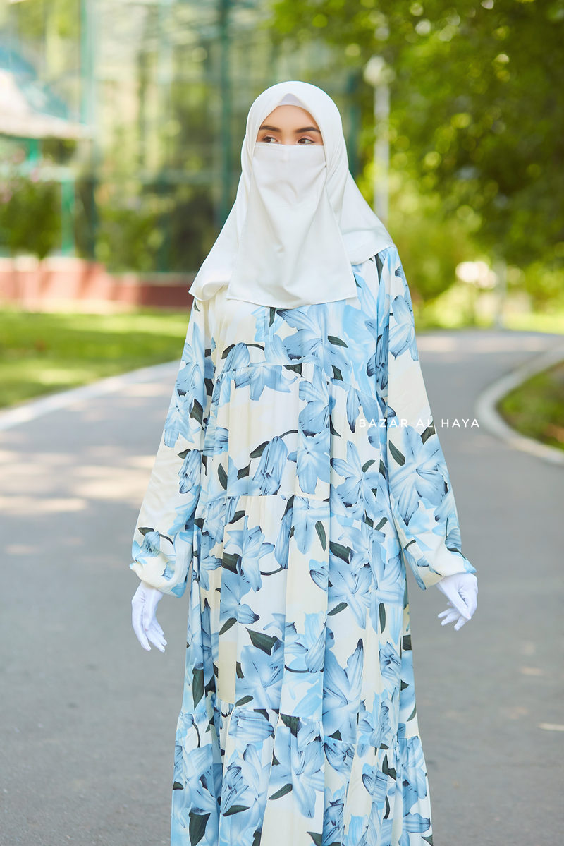 Sadia Ivory/Blue Floral Dress In 100% Cotton Summer Tiered Style Abaya - Front Zipper