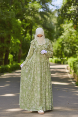 Surayya Kiwi Chiffon Abaya Dress With Floral Print - Ruffled Design