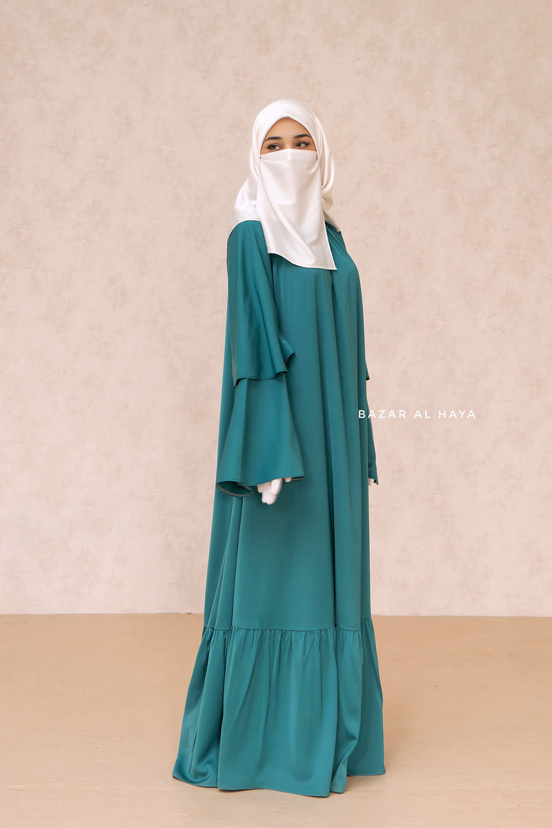 Bushra Dress - Jade Green Layered Ruffle Sleeve Abaya - Premium Sultansha