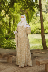 Surayya Almond Chiffon Abaya Dress With Floral Print - Ruffled Design