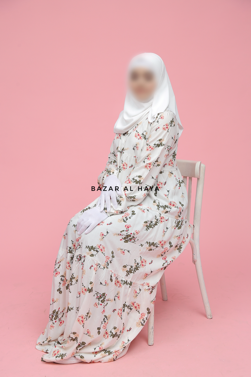 Sadia White Floral Abaya Dress 100% Cotton Summer Tiered Style With Front Zipper