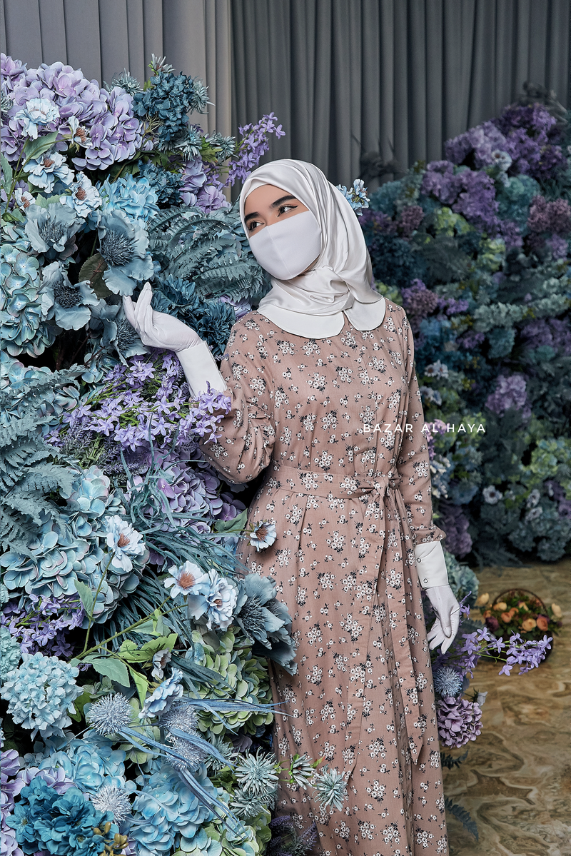 Kamila Taupe Floral Summer Abaya Dress With Belt - Breathable Quality Cotton