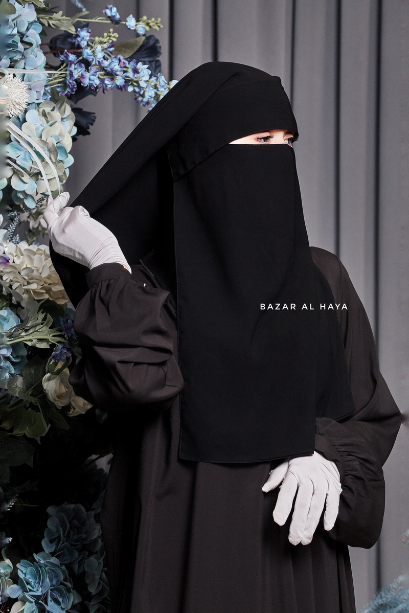 Two Layer Black Flap Niqab - Premium Wool Chiffon - Medium